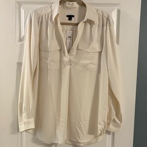 Ann Taylor Cream Long-Sleeve Button-Front Blouse with Chest Pockets